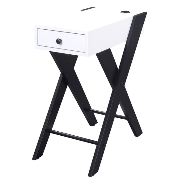 White & Black Rectangular Side Table With Charging And Modern Drawer - Ports In Stylish Design