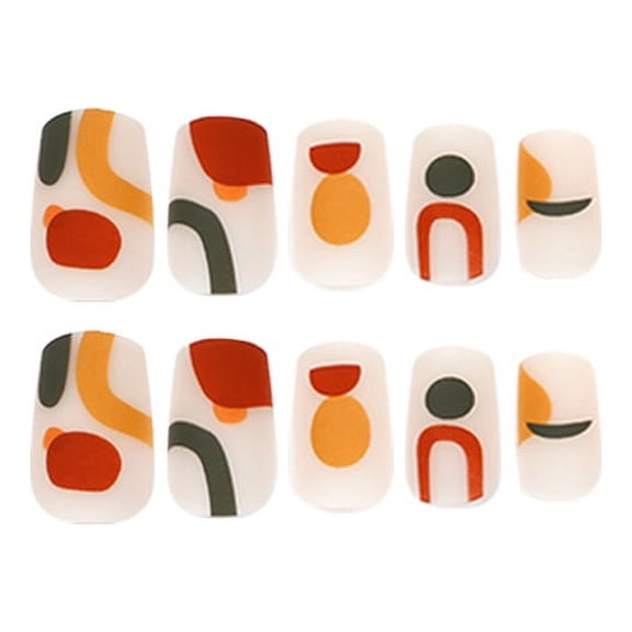 White Black Red Orange Press on Nails Medium Square Fake Nails with Geometric Abstract Designs Full Cover Adhesive Press Ons Sparkly Acrylic False Nails for Women Girls Nail Tips 24 Pcs