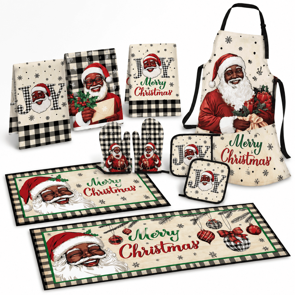 Santa Mittens White Black Santa Christmas Kitchen Linen Decor Set with Aprons, Towels ...
