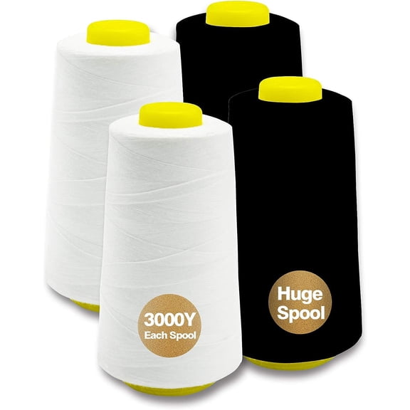White Black Serger Thread, All-Purpose Thread for Sewing, Polyester, 4 Cones of 3000 Yards Each Spool for Sewing Machine