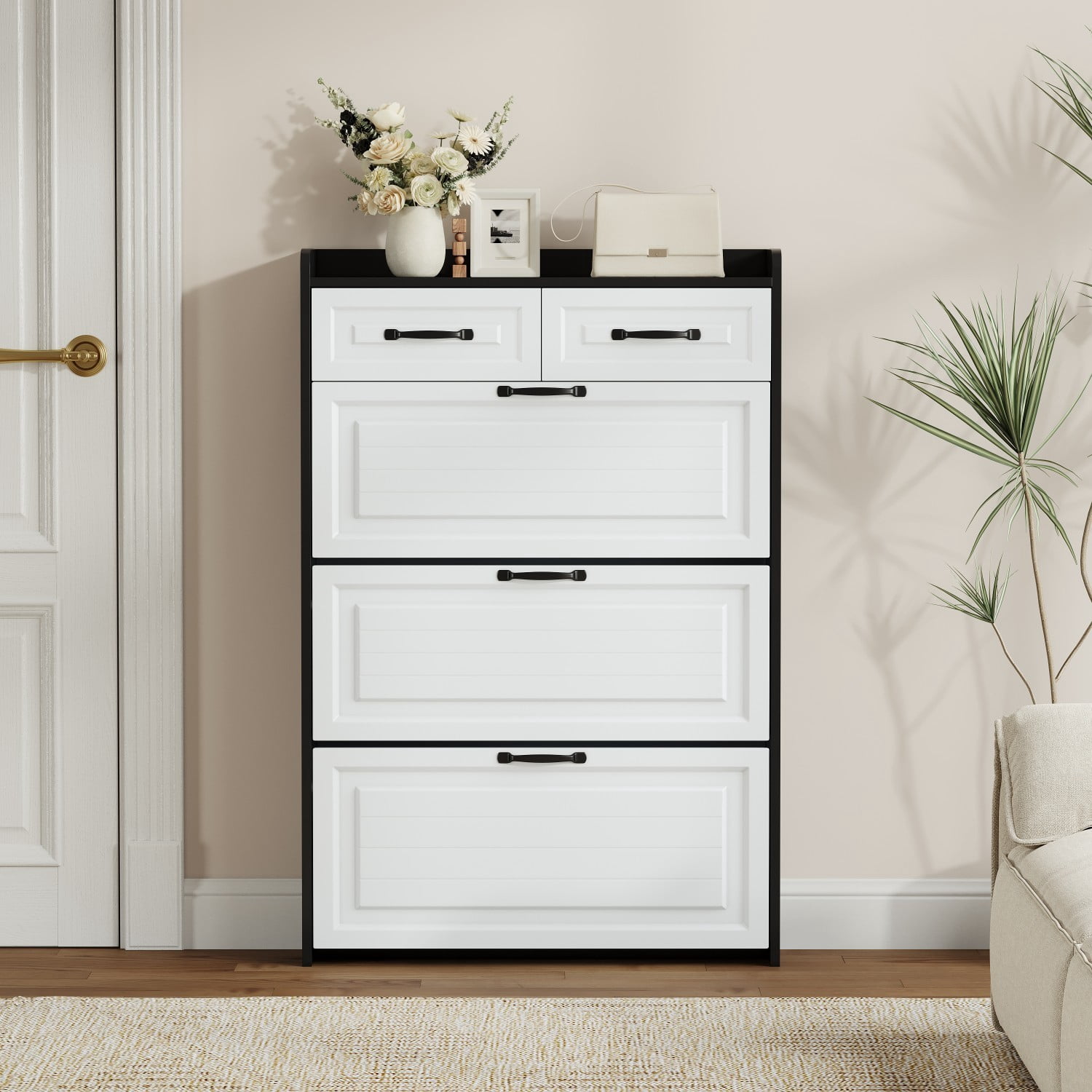 White & Black Shoe Cabinet with 3 Flip Drawers and 2 Storage Drawers, Modern Entryway Shoe Organizer Cabinet