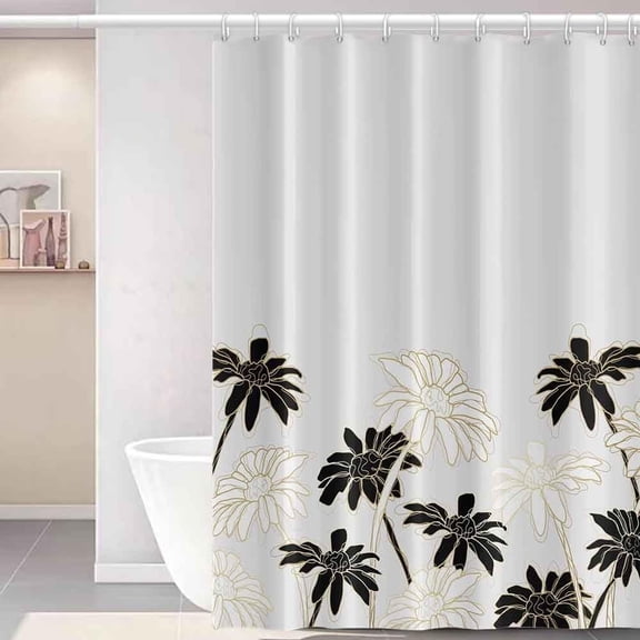 White Black Shower Curtain for Bathroom Floral Plants Fabric RV Shower Curtains Waterproof Flowers 72x72inches Bathtub Shower Curtain Set with Hooks