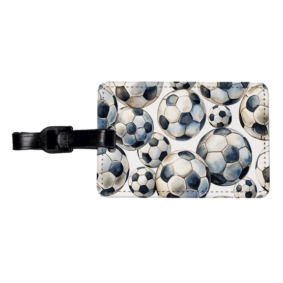 White Black Soccer Balls Watercolor Faux Leather Travel Luggage Tag