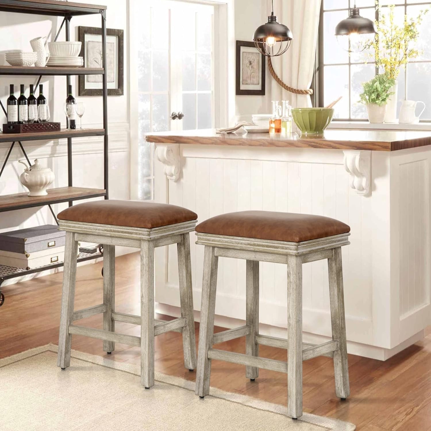 White Black Solid Wood Bar Stools for Kitchen Counter Height Farmhouse Barstools with Faux ...