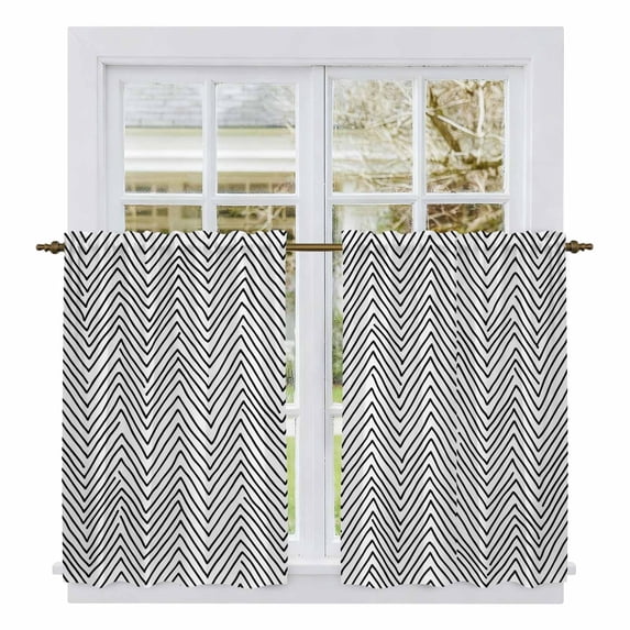 White Black Stripe Kitchen Curtains, Modern Abstract Art Moire Striped Light Filtering Window Curtain Panels, 2Pcs Rod Pocket Window Treatments Set for Cabin Bathroom Bedroom 52x45 Inches