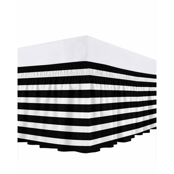 White Black Striped Bed Skirt Queen Size 18" Drop Simple Stripes Background Ruffled Wrap Around Bed Skirts Adjustable Elastic Bedskirt Dust Ruffle for Queen Size Bed