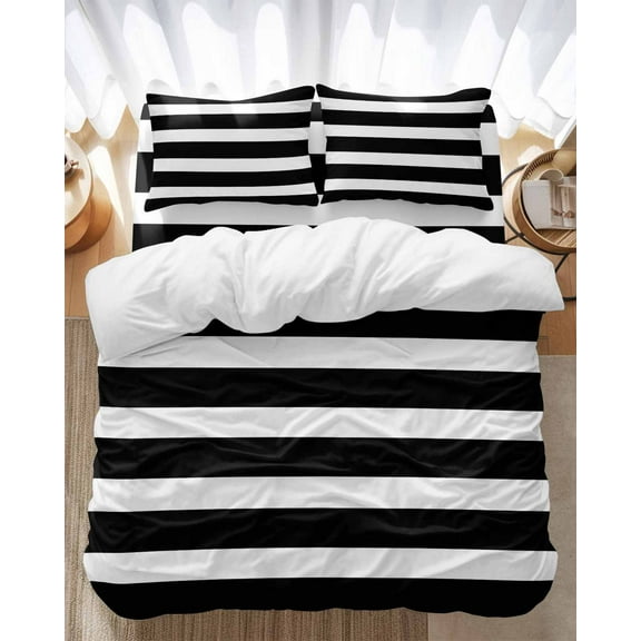 White Black Striped Bedding Duvet Cover Set King Size 4 Pieces Simple Stripes Background Bedding Set with Zipper Closure, 1 Comforter Cover 92x106 Inches 1 Flat Sheet & 2 Pillow Cases