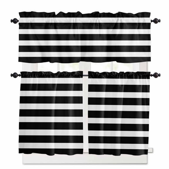 White Black Striped Kitchen Curtains and Valances Set, Simple Stripes Background Rod Pocket Window Valance 18 Inch Window Curtain Panels for Living Room Bedroom Laundry, 27.5x24in, 3 Pieces