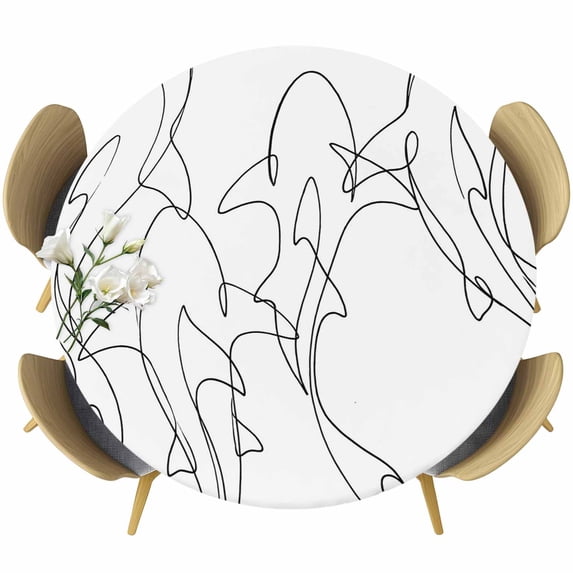 White Black Striped Shark Round Tablecloth 45-54 Inch Round Fitted Table Cloth with Elastic Edge, Modern Abstract Art Stripes Waterproof Table Cover Protector for Outdoor Picnic Party Dining