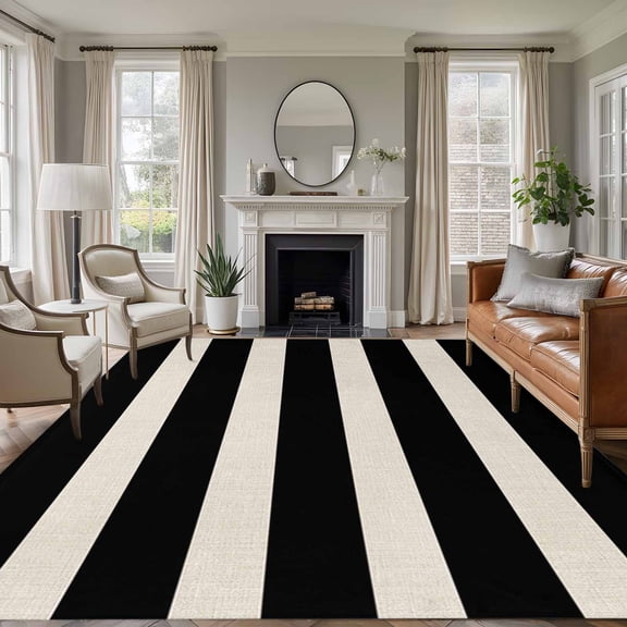 White Black Striped Washable Living Room Rugs 8'x10', Simple Stripes Linen Texture Vintage Low Pile Throw Large Area Rug Non-Slip Sturdy Edge Binding Carpet for Bedroom Dining Room Office