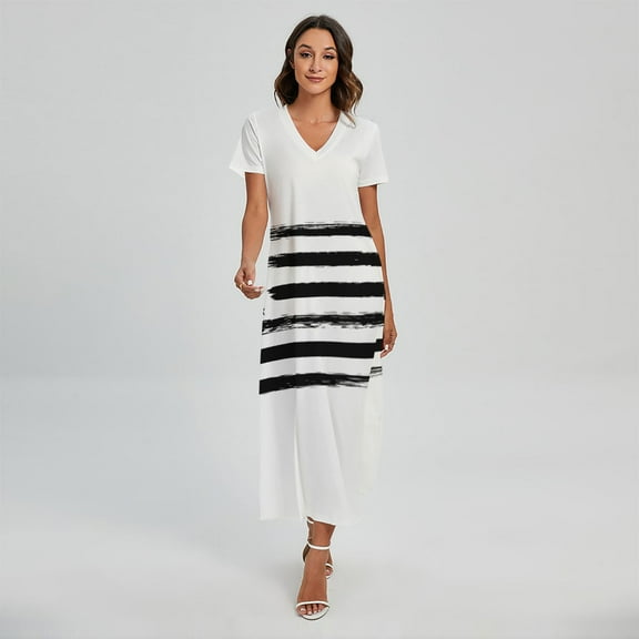 White And Black Usa Flag Printed Short Sleeve Maxi Dress, American Flag Fashion Summer Maxi Dress For Women. Gifts For Us Independence Day, 4Th Of July