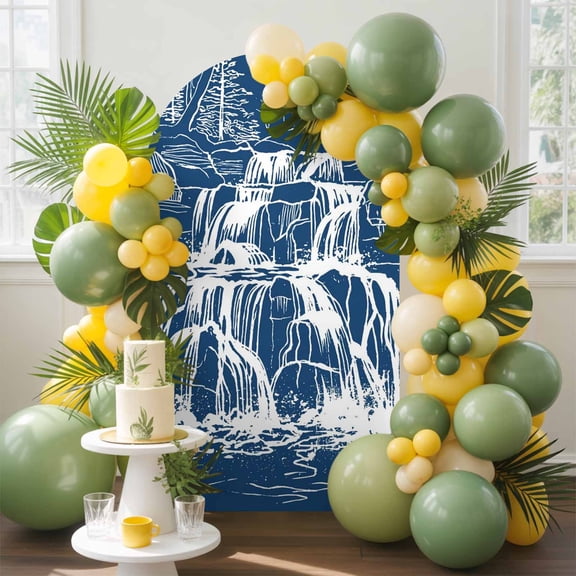 White Black Waterfall Arch Backdrop Cover, 4FT, Rushing Water Dark Rocks Realistic Style Blue Spandex Arch Covers Double-Sided Backdrop for Wedding Birthday Party Photo Background Decoration