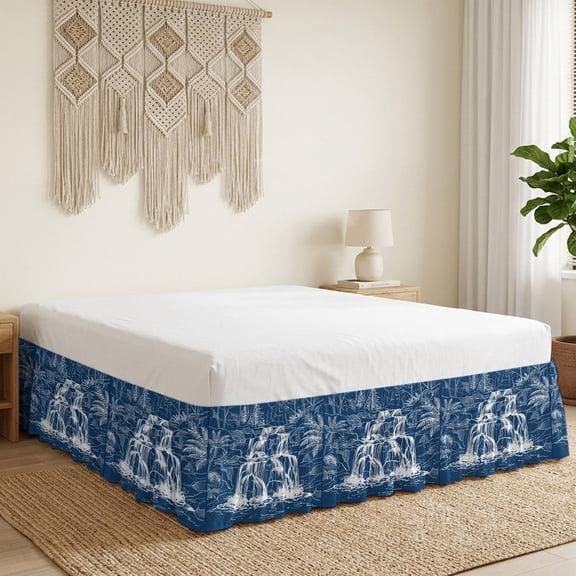 White Black Waterfall Bed Skirt Bed Skirts Queen Size 16 Inch Drop, Rushing Water Dark Rocks Realistic Style Blue Wrap Around Dust Ruffle Bedskirt with Adjustable Elastic Belt for Queen Size Beds