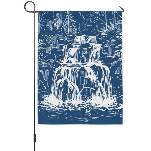 White Black Waterfall Garden Flag 12 x 18 Inches, Rushing Water Dark Rocks Realistic Style Blue Weather Proof Outdoor Patio Flags Double Sided Small Garden Decoration for Yard Outside Home
