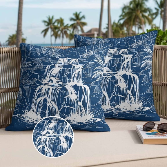 White Black Waterfall Outdoor Waterproof Throw Pillow Covers Set of 2, 16"x16", Rushing Water Dark Rocks Realistic Style Blue Decorative Pillow Covers Outside Cushion Case for Patio Porch Garden