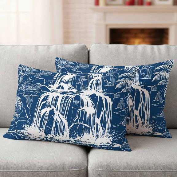 White Black Waterfall Pillow Covers 2 Pack Rushing Water Dark Rocks Realistic Style Blue Pillowcase Waterproof Outdoor Throw Pillow Cover for Patio Garden Balcony Decorative Square Cushion 20"x12"