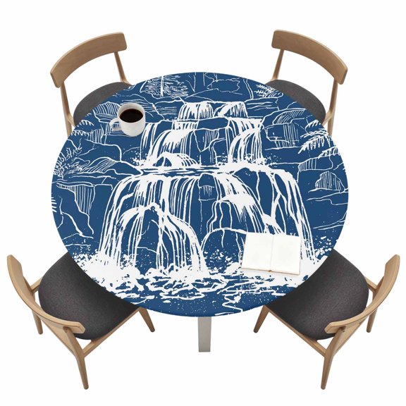 White Black Waterfall Round Fitted Table Cover Rushing Water Dark Rocks Realistic Style Blue Waterproof Table Cloth with Elastic Edge Wipeable Tablecloth for Picnic Camping Party Fits 36"-44" Tables