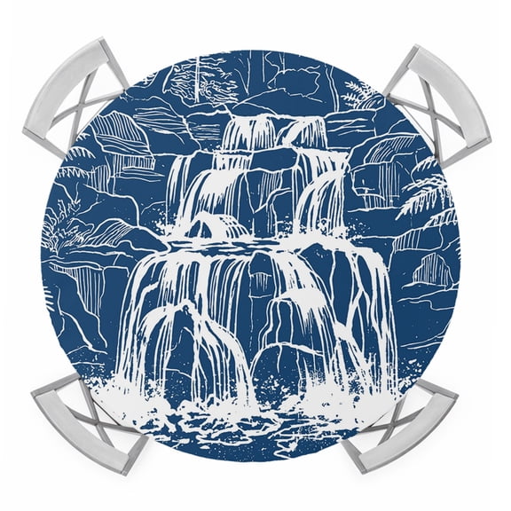 White Black Waterfall Round Table Cover, Rushing Water Dark Rocks Realistic Style Blue Waterproof Fitted Tablecloths for 55"-60" Tables, Washable Picnic Table Cover for Camping Dining Indoor Outdoor