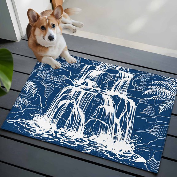 White Black Waterfall Small Area Rugs 2x3 Rushing Water Dark Rocks Realistic Style Blue Entryway Rugs Washable Door Mat, Low-Profile Area Rugs Floor Carpet for Living Room Bedroom Home Office