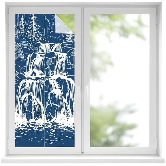 White Black Waterfall Window Privacy Film, Rushing Water Dark Rocks Realistic Style Blue Frosted Glass Window Clings Static Cling UV Heat Blocking Reusable Door Sticker for Bathroom 17.7 x 39.3 Inch
