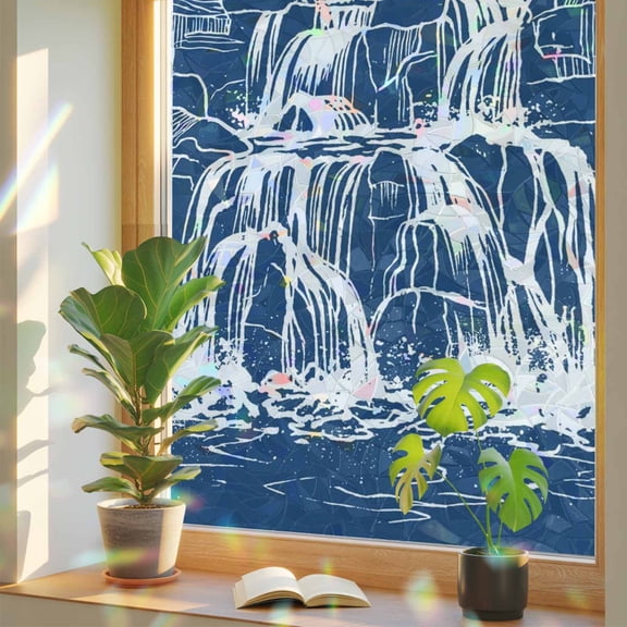 White Black Waterfall Window Privacy Film, Rushing Water Dark Rocks Realistic Style Blue Stained Glass Rainbow Film Decorative Window Clings, Static Cling Sun Blocking Stickers 17.7" x 39.3"