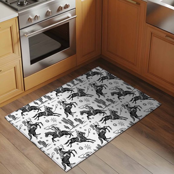 White Black Western Cowboy 2x3 Rug for Entryway Front Door Kitchen Sink Area, Vintage Cactus Cowboy Hat Horse Star Low Pile Washable Non Slip Rectangle Area Rug
