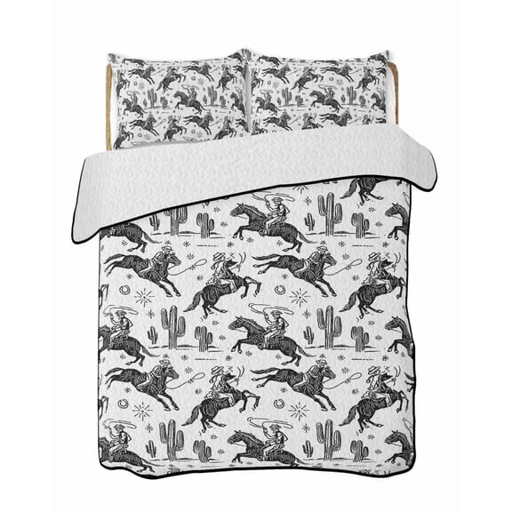 White Black Western Cowboy Quilts Bedding Set California King Vintage Cactus Cowboy Hat Horse Star Lightweight Quilted Bedspread 3 Piece Bed Quilt with 2 Pillow Shams for Bedroom 96" x 106"