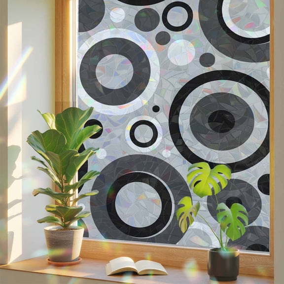 White Black Window Privacy Film, Abstract Grey Black White Circles Grey Texture Stained Glass Rainbow Film Decorative Window Clings, Static Cling Sun Blocking Stickers 29.5" x 118"
