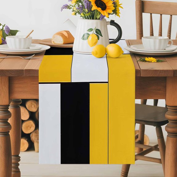 White Black Yellow Patchwork Table Runner 36 Inches Long, Abstract Geometric Table Runners Tabletop Scarf Kitchen Dining Tables Decoration for Home Party Indoor Outdoor