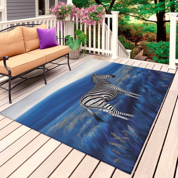 White Black Zebra Outdoor Rug 6x9 Ft, Non Slip Washable Area Rug, Blue Grassland Abstract Landscape Patio Rugs Carpet Runner, Large Floor Mat for Indoor/Outdoor Deck Porch Camping