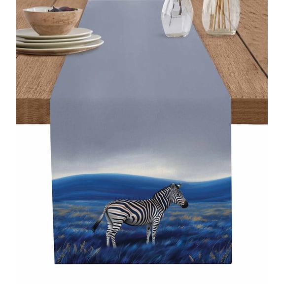 White Black Zebra Table Runner 72 Inches, Blue Grassland Abstract Landscape Bed Runner Dresser Scarves Tabletop for Indoor Outdoor Parties/Ceremony/Banquet, 14" x 72"