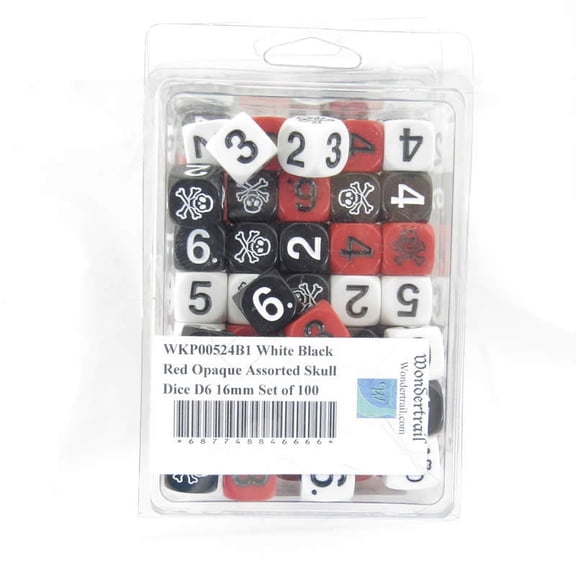 White Black and Red Opaque Assorted Skull Dice D6 16mm (5/8in) Set of 100 Wondertrail