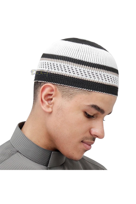 White Black with Brown Stripes Nylon Stretchy Beanie Kufi Topi Skull Cap