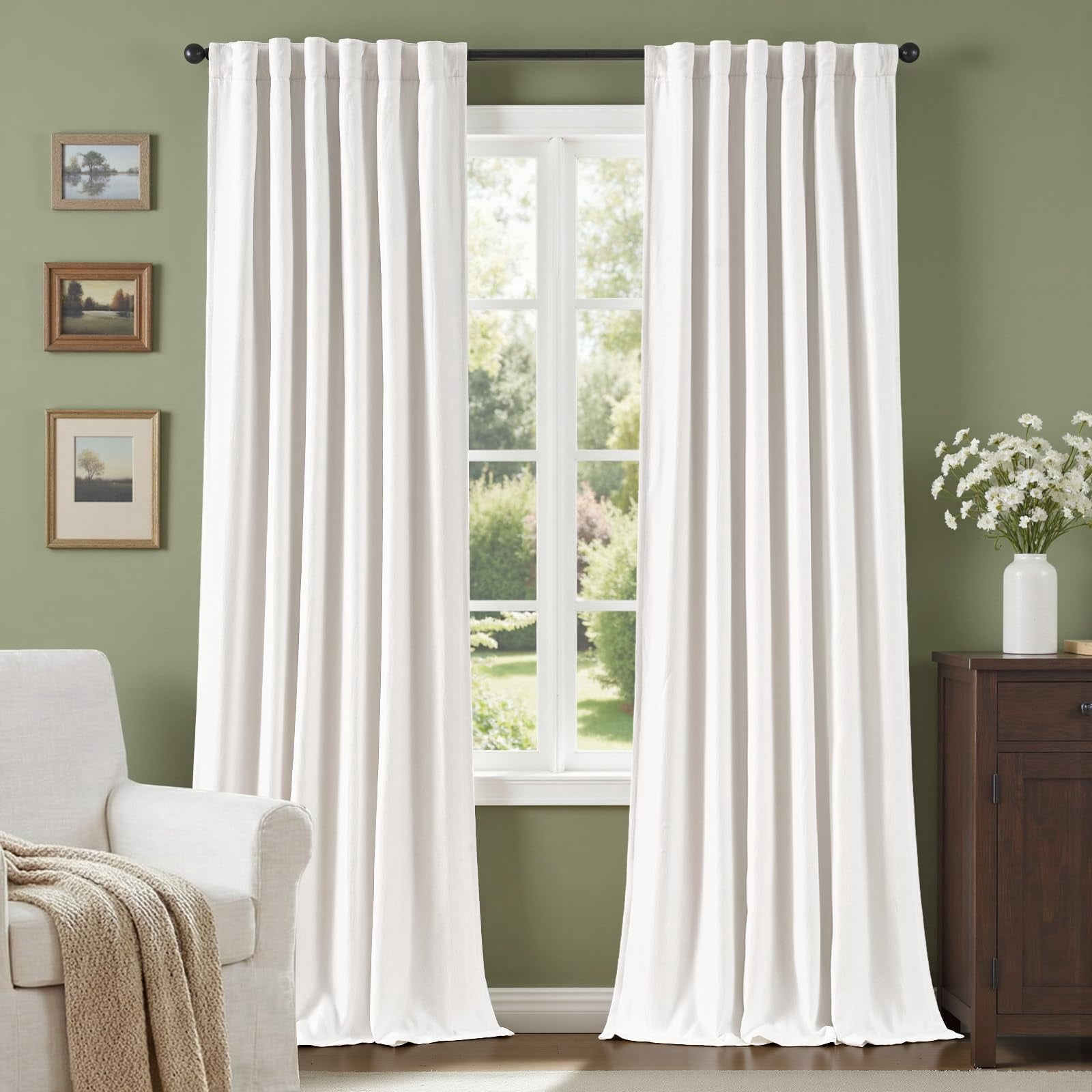 White Blackout Curta96 Inches Long Linen Textured Thermal Living Room ...