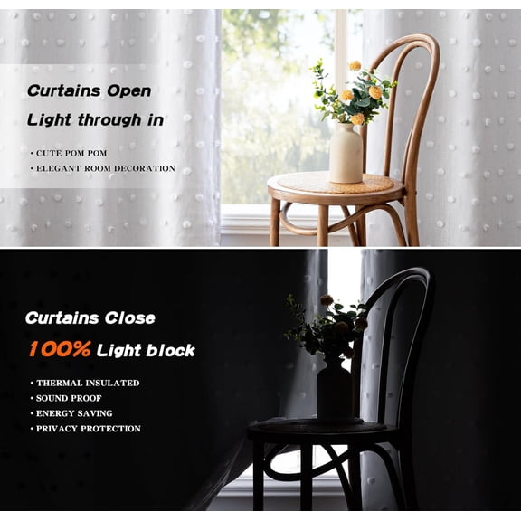 White Blackout Curtains for Bedroom 84 Inches Long Light Blocking Drapes for Girls Kids Room Pom Pom Sheer Thermal Insulated Room Darkening Window Panels Back Tab Set of 2, 52W x 84L