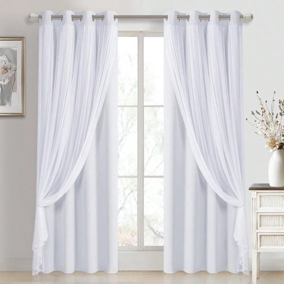 White Blackout Curtains With Sheer Overlay Thermal Insulated Mix Match Double Layer Window Panels For Bedroom Living Room Drape Sewn With Tiebacks Grommet Top 52 Wx84 Lx2