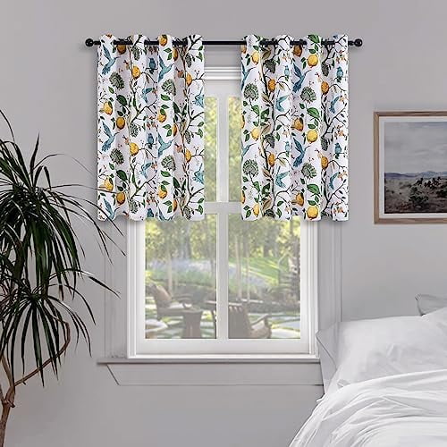 White Blackout Tiers 36 Inch Length Curtains Classical Watercolor Botanical Floral Hummingbird Grommet Half Window Treatment, for Rv Kitchen Cafe Basement Bathroom Dinning Room, 2 Panels