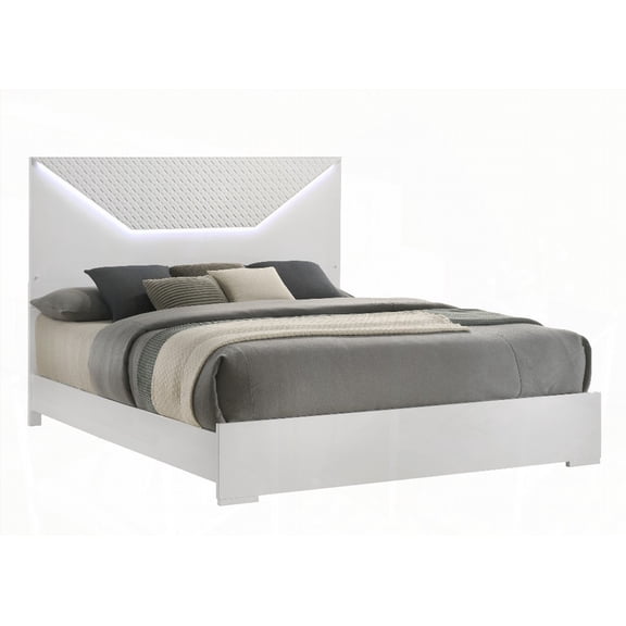 White Blanca King Bed Equipped with LED Headboard and Durable Wood