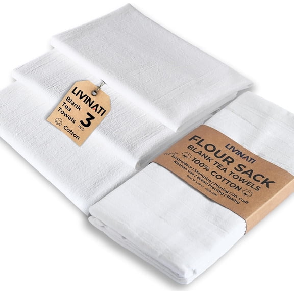 White - Blank Plain - Linen Tea Towels For Kitchen - For Crafting Embroidery Baking Sourdough Bread Proofing - 100% Cotton Flour Sack Dish Towels - 18"X28" - 3 Pack - Heavy Weight High Threadcount