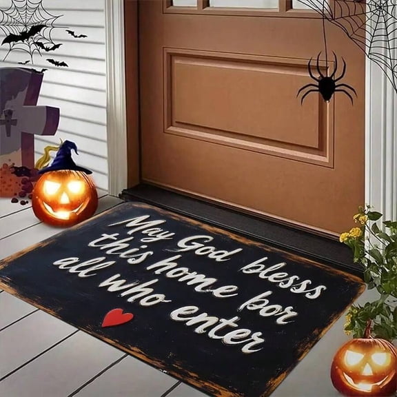 White Bless This Home Doormat With Wooden-Style Message And Red Heart, Non-Slip Rubber Base, Hand Washable, Indoor/Outdoor Use