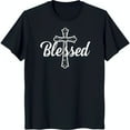 thumbnail image 1 of White & 'Blessed' Script Graphic Black T-Shirt for Men & Women, 1 of 5