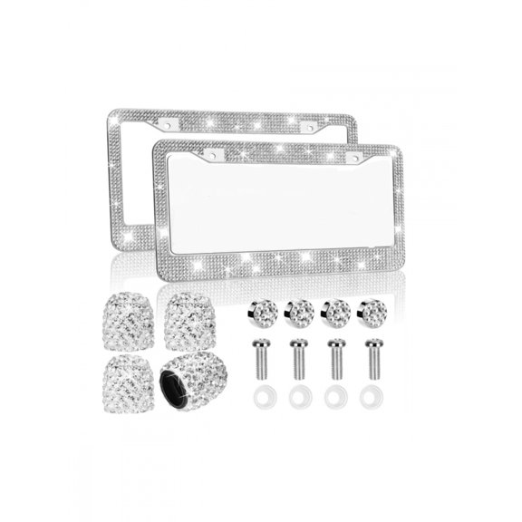 White Bling Rhinestone License Plate Frames 2-Pack With Valve Stem Caps