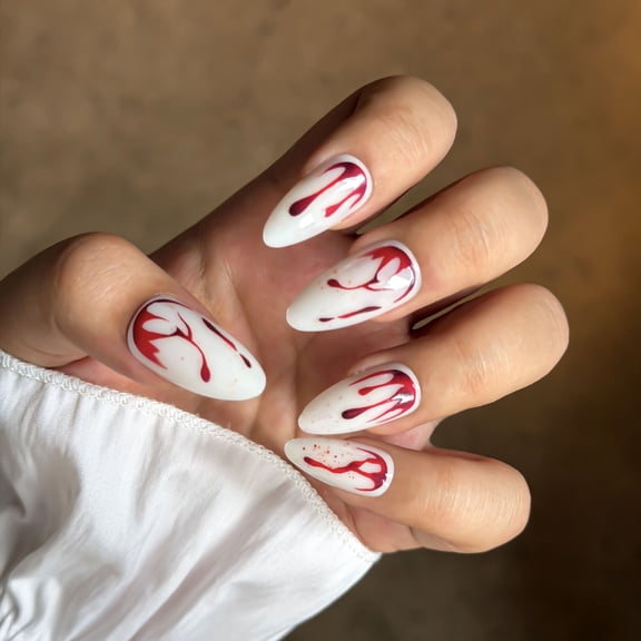 White Blood Drip Press on Nails Long Almond Fake Nails Red Abstract Design Full Cover Adhesive Press Ons Glossy Acrylic False Nails Artificial Nail Tips Halloween Party for Women Girls 10 Pcs