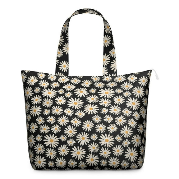 White Bloom Daisy Print Carry-On Bag - Spacious Travel Tote with Durable Handles & Interior Pockets, Boho Vintage Style