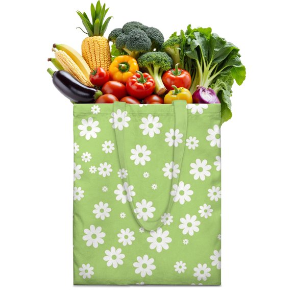 White Bloom Reusable Tote Bag - Foldable Grocery Bag with Daisy and Butterfly Design, Large Capacity