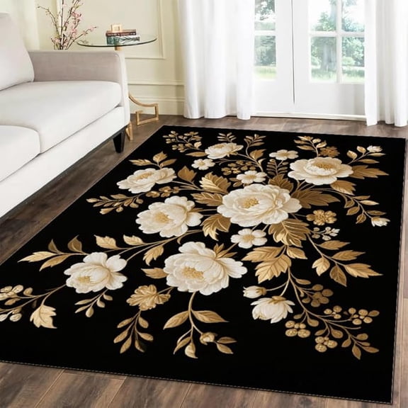 White Blooming Flowers Area Rugs, Golden Plant Leaves 3D Pattern Print Carpet, Non-Slip Washable Area Decoration Rug, Bedroom Living Room Home Office Thermal Carpet Mat 5 x 8ft