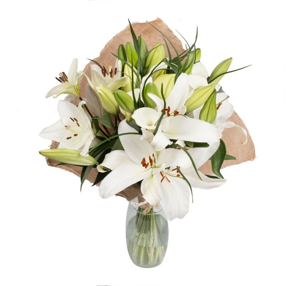 White Blossom Bouquet with Burlap - Fresh Cut - 19 Stems