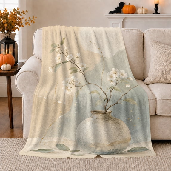 White Blossom Branch in Ceramic Vase, Serene Botanical Style for Flower Lovers, Soft Floral Still Life and Mother's Day Gift, Cozy Flannel Blanket for Bedroom and Sunroom, Home Decor