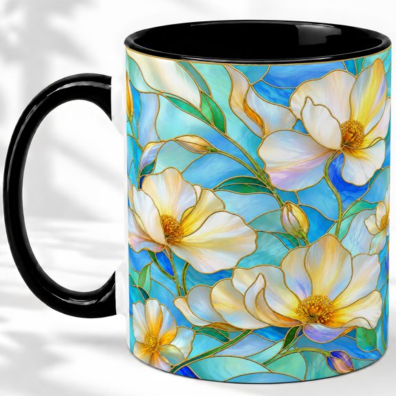 White Blossom Coffee Mug, Stained Glass Floral Art, Calm Daily Tea Sips