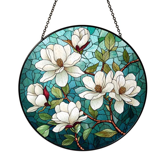 White Blossom Stained Glass Style Suncatcher, Spring Flower Window Decor, Botanical Decorative Art Panel